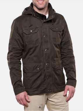 KÜHL Kollusion Men's Waxed Canvas Hooded Utility Field Cargo Jacket Brown  Sz L